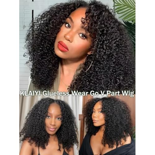 KLAIYI EasiContour V Part Wig Human Hair 4C Kinky Curly Glueless Wear And Go Clip In Half Wig Upgrade Upart Wigs for Black Women No Leave Out No Glue Beginner Friendly Natural Color Ready to Go 14Inch
