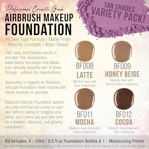 Belloccio Complete Cordless Handheld Airbrush Cosmetic Makeup System with 4 Tan Foundation Shades, Professional 18-Piece Kit, Moisturizing Primer, Blush, Bronzer, Highlighter, Concealer, User Guide