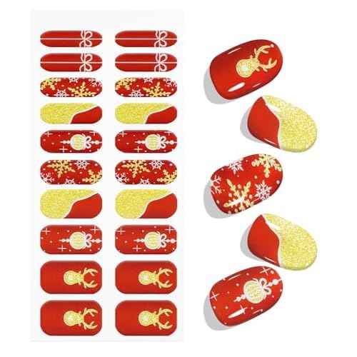 JMEOWIO Gel Nail Stickers Christmas Snowflake Glitter Red Semi Cured Gel Nail Strips Wraps UV/LED Nails Art Design Decoration Accessories