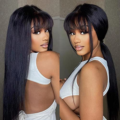 hair Mechine Made wig human hair natural black body wave 150% density with Pre Plucked Hairline with baby hair grade 10A hair wig (20, Straight wig with Bang)