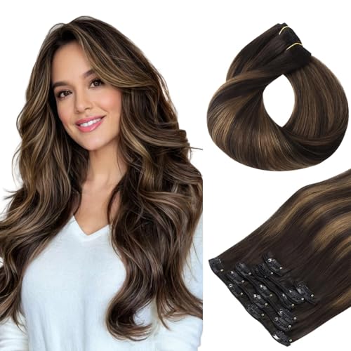 HOTBANANA Human Hair Clip in Hair Extensions, Balayage Dark Brown Mixed Chestnut Brown 120g Clip in Hair Extensions Real Human Hair Straight Remy Hair Clip Ins Dark Roots Ombre 18 Inch 7pcs