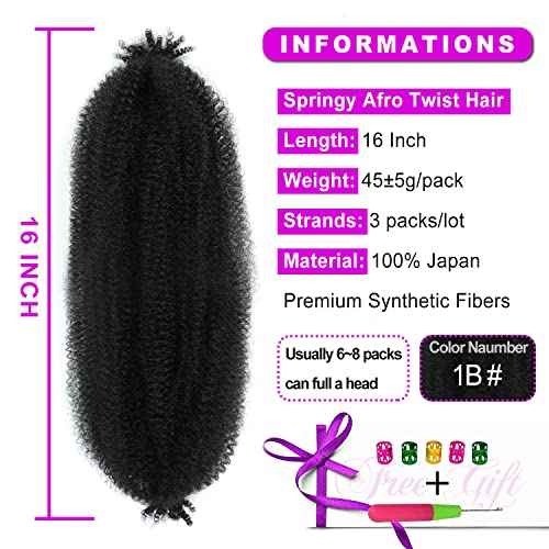 Afro Twist Hair 16Inch 3Packs Springy Afor Twist Hair Black Color Pre Fluffed Spring Twist Hair Marley Twist Braiding Hair for Black Women (16 Inch (Pack of 3), 1B#) ¡¦