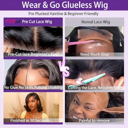 Bob Wig Human Hair Glueless Wigs Human Hair Pre Plucked Pre Cut Body Wave 5x5 Lace Closure Wigs 180 Density 100% Brazilian Virgin Hair Short Wigs for Black Women (16 inch)