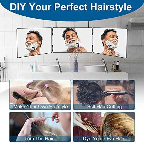 3 Way Mirror for Self Hair Cutting,360 Haircuts Men for Barber Use Tools,to See Back of Head,Tri Fold Mirror with Portable Height Adjustable Telescoping Hooks