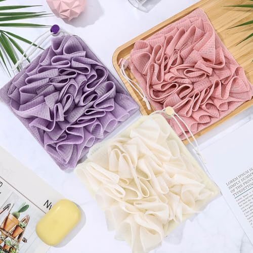 3 Pcs Washcloth Loofah Combo, 2 in 1 Bath Loofah Sponge with Drawstring, Exfoliation Mesh Shower Puff Ball for Body Wash Cleansing and Smooth Skin (Purple Pink Beige)
