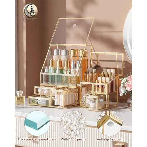 Clear Makeup Organizer with Gold Frame ? Countertop Vanity Organizer for Skincare, Lipsticks, Perfume & Brushes ? Bathroom Cosmetic Storage Display Box