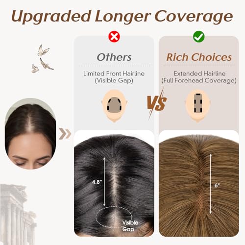 Rich Choices Hair Toppers for Women Real Human Hair 360¡Æ3D Clip in Bangs 100% Remy Human Toppers with Bang for Thinning 150% Density Upgrade Extended 2"*6"Lace Base 10 Inch #04 Mocha Brown