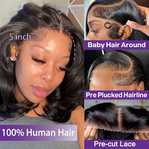 Bob Wig Human Hair Glueless Wigs Human Hair Pre Plucked Pre Cut Body Wave 5x5 Lace Closure Wigs 180 Density 100% Brazilian Virgin Hair Short Wigs for Black Women (16 inch)