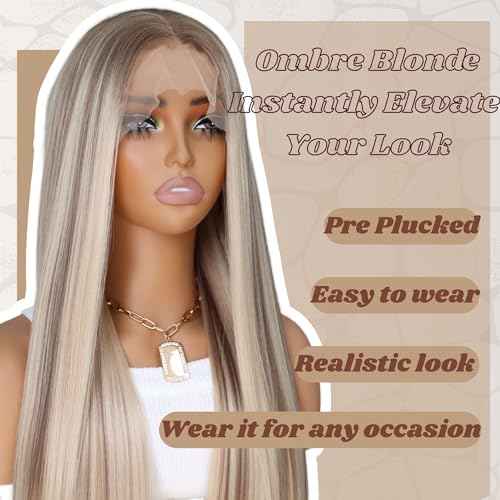 Highlight Light Blonde 13x6 Lace Front Wig Pre Plucked Glueless Long Straight Ombre Mixed Brown Blonde HD 13x6 Frontal Wig Free Deep Part Synthetic Lace Front Wigs for Women