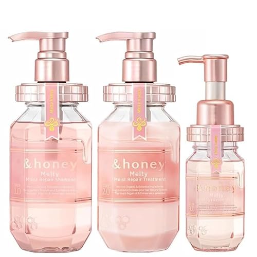 &-Honey Melty Moist Shampoo,Treatment 440ml Each& Hair oil 100ml set+ Free Hair Tie Deep Nourishment and Revitalization - Organic Ingredients Perfect for Frizzy, Wavy, Curly Hair