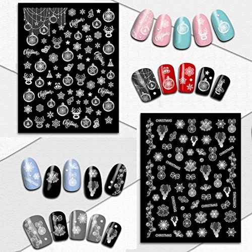 TailaiMei Christmas Nail Art Stickers Decals, Self-Adhesive White Nail Decorations Design for Santa Claus Snowflake Snowman (800 Pcs, 9Sheets)