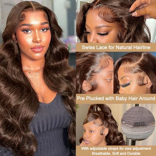 XZZ 32 Inch Chocolate Brown Lace Front Wig Human Hair 13X4 HD Lace Closure Dark Brown Human Hair Wig #4 Brown Body Wave 200% Density Virgin Pre Plucked with Baby Hair for Women