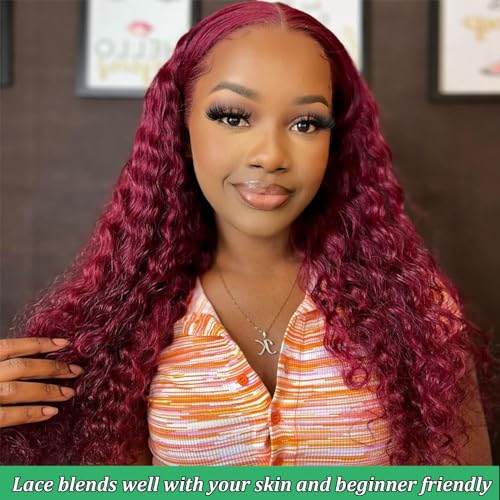BeautyGrace Red Deep Wave Lace Front Wigs Human Hair 180% Density 13x4 99J Burgundy Human Hair Lace Front Wigs For Fashion Black Women (22 Inch)