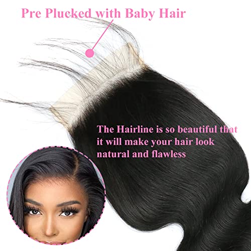 5x5 Transparent HD Lace Closure Only Body Wave Hair Closure Invisible Lace Closure 12A Brazilian Virgin Remy Human Hair Frontal Closure 100% Human Hair Extensions Pre Plucked Natural Black 22 Inch