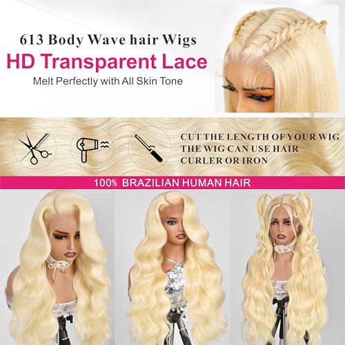 613 Lace Front Wig Human Hair 200 Density Body Wave Blonde Lace Front Wigs 22 Inch 613 Colored Blonde Wig Human Hair Pre Plucked Body Wave 13x4 HD Lace Frontal Wigs for Women with Baby Hair