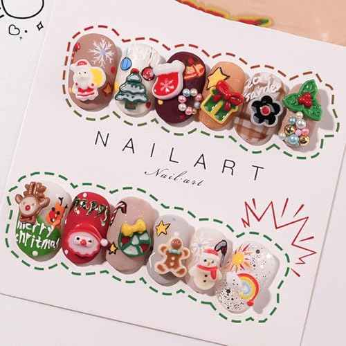 50Pcs Christmas Nail Art Charms - Cute Cartoon 3D Snowman, Elk, Holly Gift Design - Resin Flat Craft Winter Nail Supplies for Women Girls - New Year Decoration