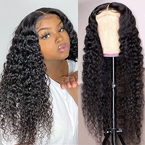 Josblue Deep Wave Lace Front Wigs Human Hair Wigs for Black Women 180% Density 4X4 HD Transparent Lace Closure Human Wigs for Black Women Glueless with Baby Hair Natural Color