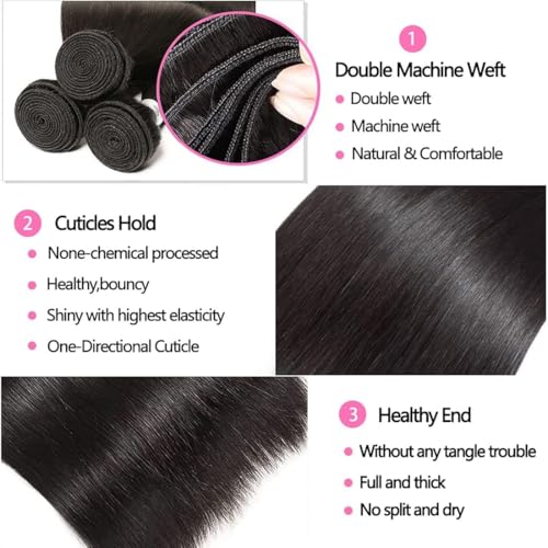 Straight Human Hair 3 Bundles Peruvian Virgin Human Hair Bundles 16 16 16 Inch 100% Unprocessed Straight Bundles Human Hair Extensions 300 Gram Double Weft Nature Black Color (3 Bundles)