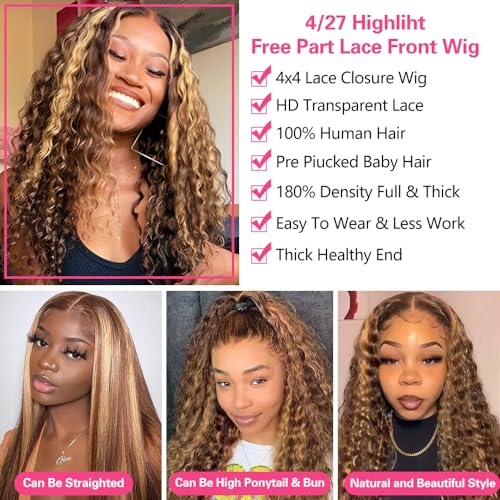 Ombre Honey Blonde Wear and Go Glueless Deep Curly Wave Lace Front Wigs Human Hair Highnight HD Lace Front Wigs Human Hair 4/27 Frontal Wigs Human Hair Curly Wigs 200% Density 16 Inch