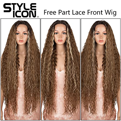 Style Icon 36" Easy-360 Lace Wigs 13x6 Free Part Lace Frontal Wigs Super Highlight Blonde Wig Long Curly Synthetic Wig (36 Inches, TTHL4/30F/613F)