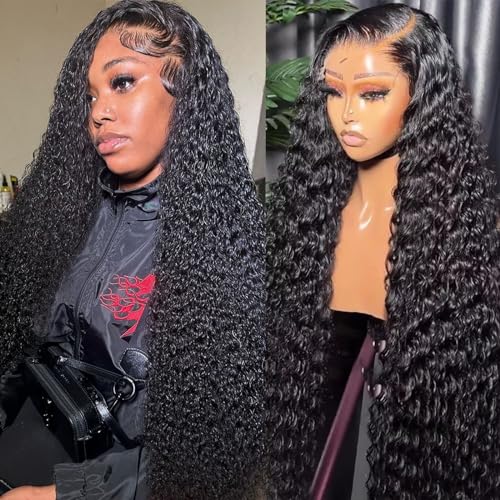 20 Inch Deep Wave Lace Front Wigs Human Hair 13x4 Deep Curly Human Hair Wig Pre Plucked 180% Density HD Transparent Lace Front Wigs for Black Women Deep Wave Frontal Wigs Natural Black