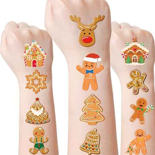 Merry Christmas Gingerbread Temporary Tattoos - 8 Sheets 280 Pcs Birthday Party Decorations Cute Man Cookies Tattoo Stickers for Boys Girls Xmas Party Favors Decor Gifts