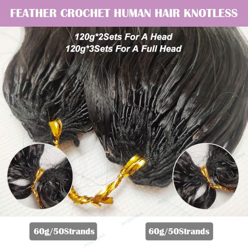 Feather Crochet Human Hair Extensions Wet and Wavy Knotless Pre-Separated Crochet Hair Extensions Human Hair With String In The Middle Braid 16inch 60g