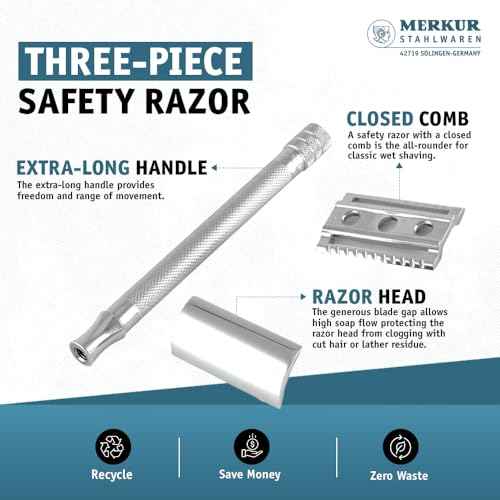 MERKUR 24C Safety Razor For Women with 10 Double Edge Blades | Extra Long Handle | Three-piece Razor | Straight Cut | Bright Chrome Finish | Made in Germany