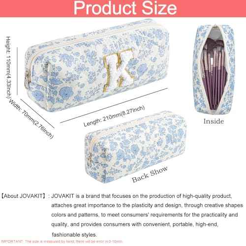 JOVAKIT Small Alphabet Makeup Bag Cosmetic Bag for Women, Christmas Gifts for Girls, Floral Flowers Coquette Travel Toiletry Bag, Zipper Make Up Pouch Organizer Bag Trendy Stuff (Blue Floral K)