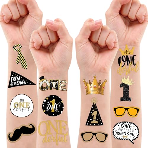Mr Onederful First Temporary Tattoos 10 Sheets 100 PCS Onederful 1st Party Decorations Favors Supplies First Theme Birthday Stickers Gifts for Boys Girls Kids Class School Prizes Carnival Christmas