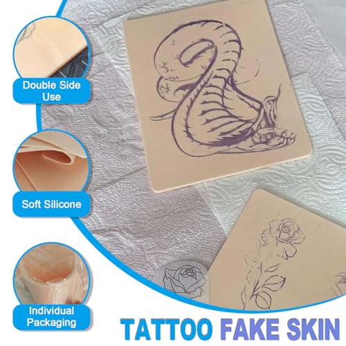 Emalla 3MM Fake Tattoo Skin - 20Pcs Premium Silicone Skin Practice Kit 7.48"x5.6" Double Sides Fake Skin Practice for Beginners and Artists Tattoo Supplies