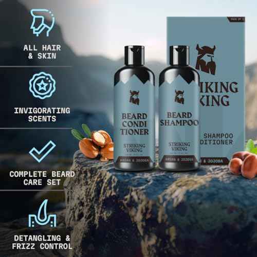 Striking Viking Beard Shampoo and Conditioner Set ? 4 Fl Oz Each, Fresh Masculine Scent - Beard Wash and Conditioner for Men - Cleanses & Softens, with Argan & Jojoba Oil - Sulfate & Paraben Free
