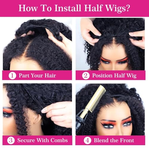 250% Density Half Wig Human Hair Glueless 3 in 1 With Drawstring Seamless Clip in Flip Over Kinky Curly 100% Real Human Hair No Synthetic Blend No Tangle No Shedding 18 Inch Triple Lifespan 3X