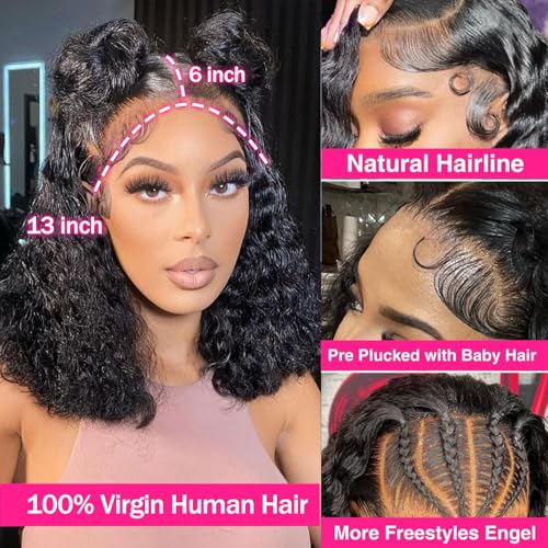 Bob Wig Human Hair 13x6 Deep Wave HD Lace Front Wigs Human Hair 250% Density Bob Curly Lace Frontal Wigs Brazilian Virgin Human Hair Wigs Pre Plucked with Baby Hair (Natural Color,8Inch)