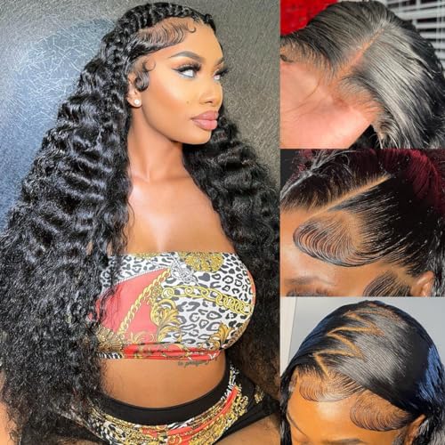 Deep Wave Lace Front Wigs Human Hair Pre Plucked 13x4 HD Transparent Lace Frontal Wigs Human Hair 180% Density Glueless 18 Inch Curly Wigs for Black Women Bleached Knots