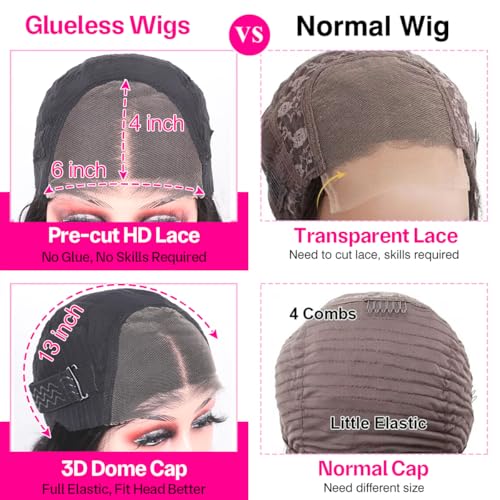 26 Inch Straight Human Hair Glueless Wigs 100% Human Hair Bleached Knots Upgraded Lace Front Wigs Pre Cut Straight 6x4 Glueless Lace Closure Wigs for Women 180% Density Invisible Melt Skin