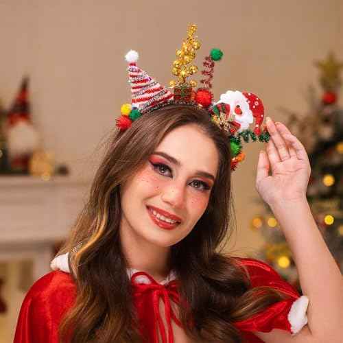 Woeoe Led Christmas Headband Santa hat Hair Hoop Bells Cute Christmas Costume Snowman Headpieces Light Up Headpiece