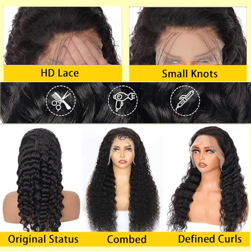 22 Inch Deep Wave Lace Front Wigs Human Hair 13x6 HD Lace Frontal Wigs Glueless Curly Lace Front Wig Pre Plcked Deep Wave Wigs with Baby Hair 200% Density Curly Human Hair Wigs for Women Natural Color
