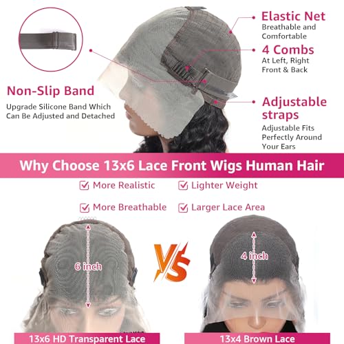 Deep Wave Lace Front Wigs Human Hair 200 Density 13x6 HD Lace Frontal Wigs Pre Plucked Curly Human Hair Wig Wet and Wavy Lace Front Wigs Glueless Wig For Women (20 Inch)