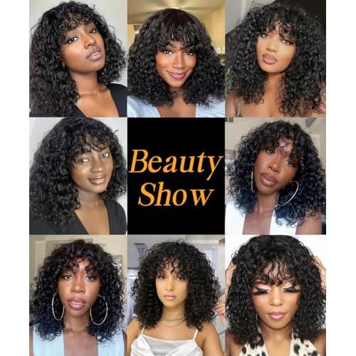 Bob Wig with Bangs Human Hair Water Wave 2x4 HD Lace Closure Front Curly Wigs Human Hair Bang Wig 220 Density Glueless Wear and Go for Beginners 100% Brazilian Human Hair for Black Women 12 Inch