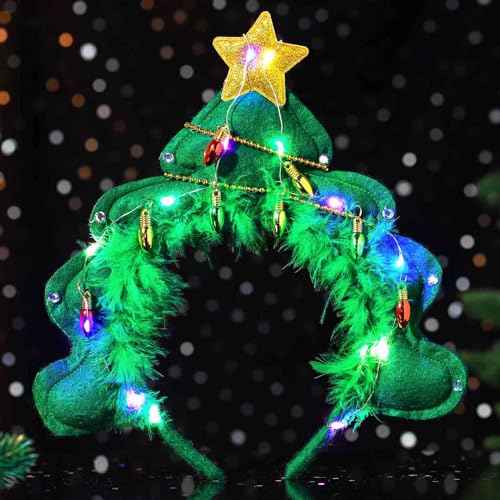 Olbye Light Up Christmas Headbands LED Christmas Tree Hairbands Glow Hair Hoop Star Xmas Costume Headpiece Festival Headwear Holiday Party Hair Accessories for Women