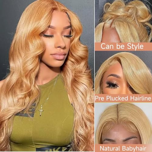 Honey Blonde Lace Front Wig 13x6 HD Lace Front Wigs Human Hair Pre Plucked 27# Blonde Body Wave Lace Wig 180 Density Colored Glueless Frontal Wigs For Black Women Human Hair 13x6 22 Inch