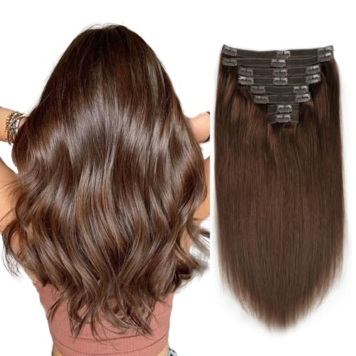 Clip in Real Human Hair Chocolate Brown Extensions 8 Pcs 120g Straight Remy Hair Extensions (4,20inch)
