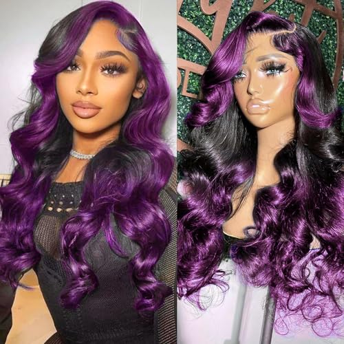 Skunk Stripe Wigs Human Hair Lace Front Purple Highlights Wig 13x4 HD Lace Front Wigs Dark Burgundy Highlight Body Wave Lace front Wig 150% Density Pre Plucked with Baby Hair 18 Inch