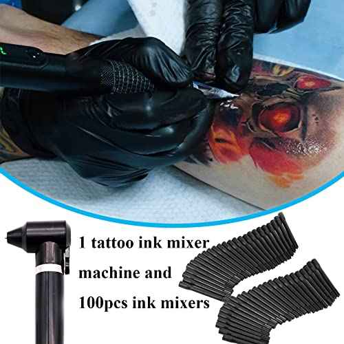Tattoo Ink Mixer Machine Kit - Yugui Pigment Stirrer with 100Pcs Mixing Sticks for Fast Color Mixing Make-up Eyebrow Microblading Equipemnt Tattoo Kit Supplies, Black