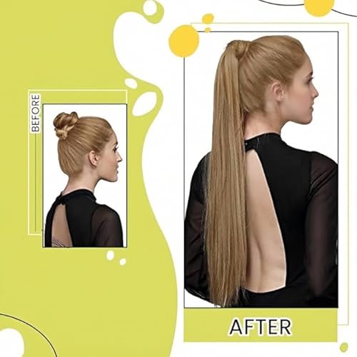 RUNATURE Hair Ponytail Extension Blonde Straight Human Hair Ponytail Extension 16 Inch Dark Blonde with Caramel Blonde Short Ponytail Human Hair Extension with Magic Paste Full Ends 80g