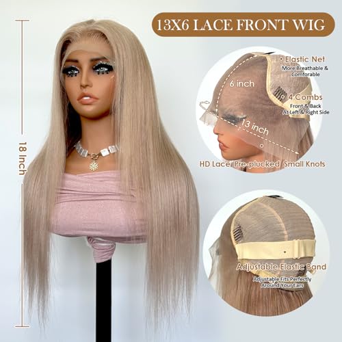 613 Straight Ash Blonde Wig Human Hair, 13x6 HD Lace Front Wigs Human Hair, Glueless & Pre Plucked Human Hair Wig with Baby Hair, 180% Density Ash Blonde Wig (18inch)