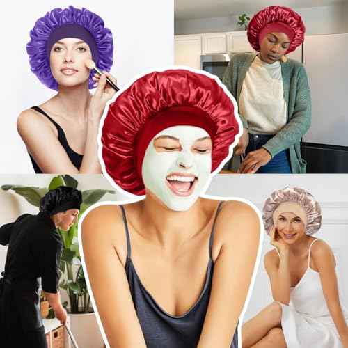 4Pcs Satin Bonnet Silk Bonnet, Hair Bonnet for Sleeping, Elastic Wide Band Silk Sleep Cap, Soft and Breathable (Black Red Purple Gold)