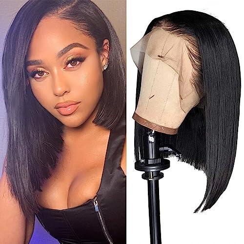 Bob Wig Wear and Go Glueless Wigs Brazilian Virgin Bob Wig Human Hair with Baby Hair 180 Density 13x4 Lace Front Wigs Human Hair Pre Plucked Glueless Wig 16 inch Natural Color