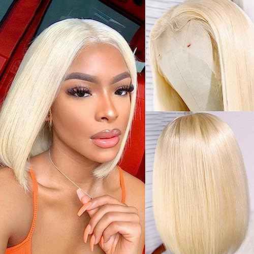 12 Inch Blonde Bob Wig Human Hair 180% Density 613 Lace Frontal Human Hair Bob Wig 13x4 HD Lace Front Wig Human Hair Free Part 613 Short Straight Bob Wig Pre Plucked with Baby Hair